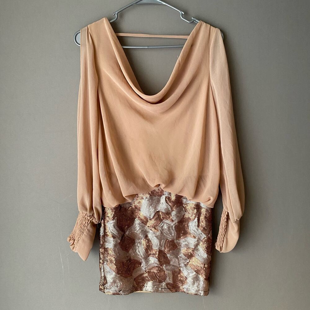 Love Culture Sequin‎ MobWife Y2K Party Glam Cowl Neck Mini Dress Small Tan Gold